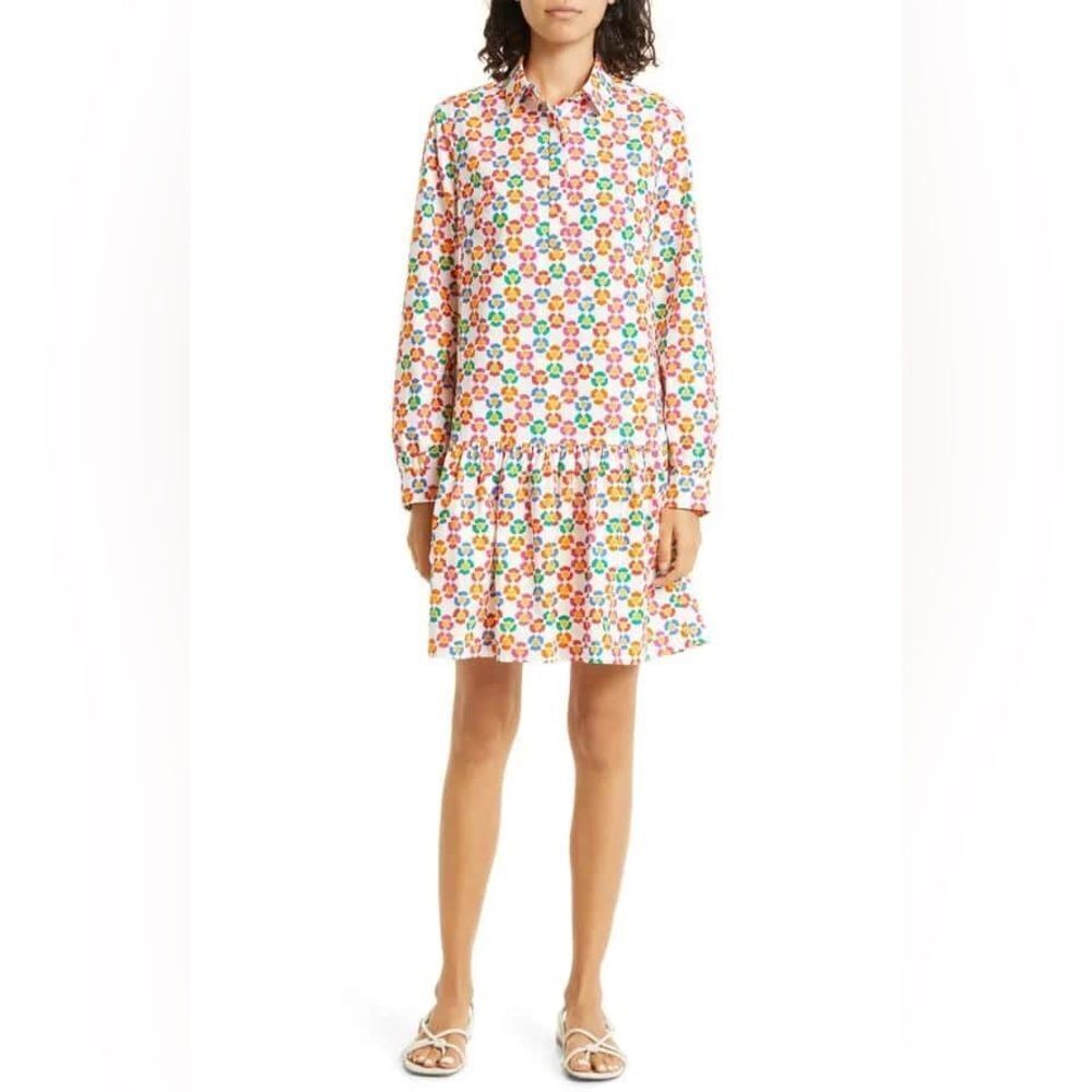 Saloni Geometric Long Sleeve Poplin Shirtdress Ruffle Hem US 4